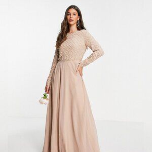 Bridesmaid Maxi Dress - Pearl & Beaded Embellishment - Long Sleeve